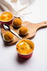 Bundi / Motichoor Ice cream is a fusion of Ice-cream with indian traditional sweet motichur laddoo from India, selective focus
