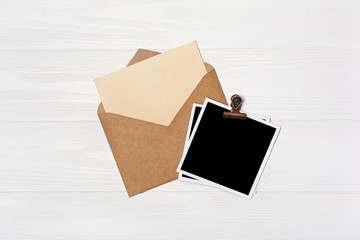 Blank old yellowed paper and mockup for vintage photo with envelope