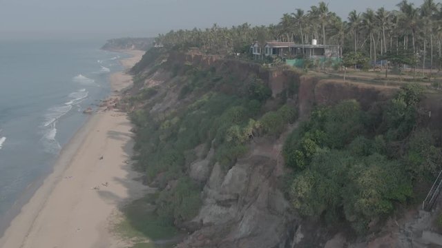 Varkala beach in Kerala, India, 4k aerial ungraded/flat