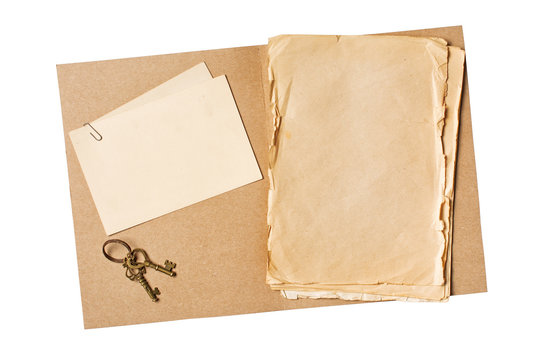 Folder with old yellowed paper and mockup for vintage card