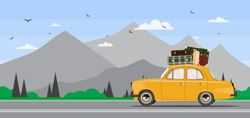 Travel by car. Road trip. Time to travel, tourism, summer holiday. Flat design vector illustration