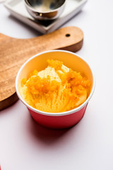 Bundi / Motichoor Ice cream is a fusion of Ice-cream with indian traditional sweet motichur laddoo from India, selective focus