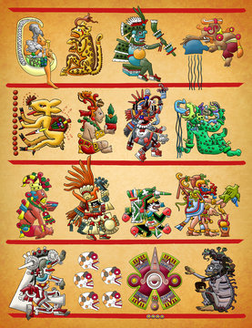 Mayan Aztec deities codex style illustration