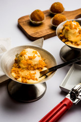 Bundi / Motichoor Ice cream is a fusion of Ice-cream with indian traditional sweet motichur laddoo from India, selective focus