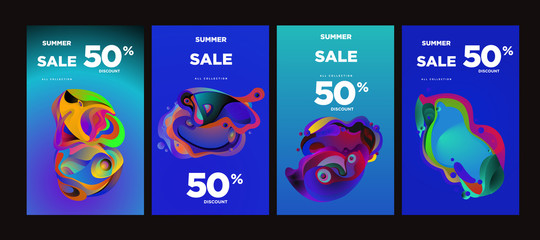 Vector summer sale 50% discount with fluid colorful background. Summer banner, website, poster, and sales promotion background set