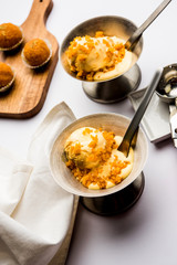 Bundi / Motichoor Ice cream is a fusion of Ice-cream with indian traditional sweet motichur laddoo from India, selective focus
