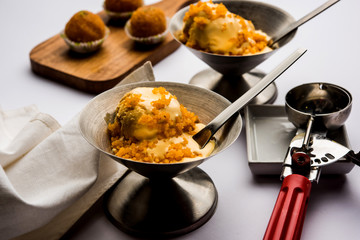 Bundi / Motichoor Ice cream is a fusion of Ice-cream with indian traditional sweet motichur laddoo from India, selective focus