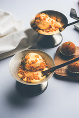 Bundi / Motichoor Ice cream is a fusion of Ice-cream with indian traditional sweet motichur laddoo from India, selective focus
