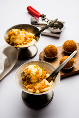 Bundi / Motichoor Ice cream is a fusion of Ice-cream with indian traditional sweet motichur laddoo from India, selective focus