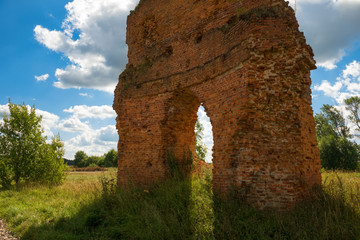 Muravyevskie barracks. The wall of the Ruined Complex of a military settlement of Count A. A. Arakcheev. The complex was built 1818-1825. Located in the Novgorod region
