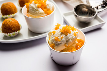 Bundi / Motichoor Ice cream is a fusion of Ice-cream with indian traditional sweet motichur laddoo from India, selective focus