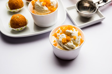 Bundi / Motichoor Ice cream is a fusion of Ice-cream with indian traditional sweet motichur laddoo from India, selective focus