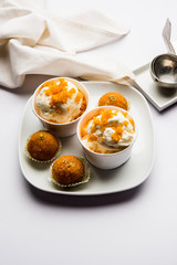 Bundi / Motichoor Ice cream is a fusion of Ice-cream with indian traditional sweet motichur laddoo from India, selective focus