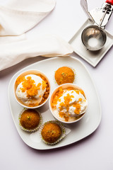 Bundi / Motichoor Ice cream is a fusion of Ice-cream with indian traditional sweet motichur laddoo from India, selective focus