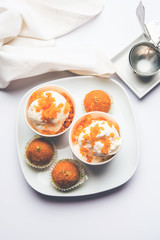 Bundi / Motichoor Ice cream is a fusion of Ice-cream with indian traditional sweet motichur laddoo from India, selective focus
