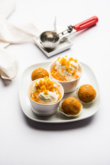 Bundi / Motichoor Ice cream is a fusion of Ice-cream with indian traditional sweet motichur laddoo from India, selective focus