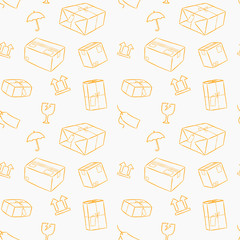 Parcel service handling with care hand drawn style seamless pattern. Vector illustration wallpaper and background. Package delivery services.