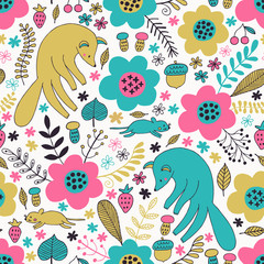 Fox and mouse seamless pattern. Vector illustration.