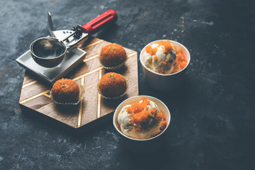 Bundi / Motichoor Ice cream is a fusion of Ice-cream with indian traditional sweet motichur laddoo from India, selective focus