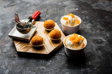 Bundi / Motichoor Ice cream is a fusion of Ice-cream with indian traditional sweet motichur laddoo from India, selective focus