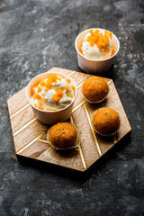 Bundi / Motichoor Ice cream is a fusion of Ice-cream with indian traditional sweet motichur laddoo from India, selective focus