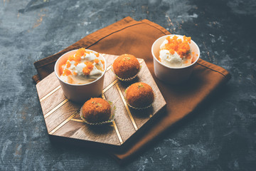 Bundi / Motichoor Ice cream is a fusion of Ice-cream with indian traditional sweet motichur laddoo from India, selective focus