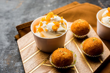 Bundi / Motichoor Ice cream is a fusion of Ice-cream with indian traditional sweet motichur laddoo from India, selective focus