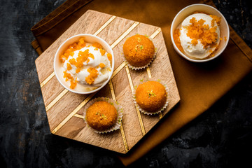 Bundi / Motichoor Ice cream is a fusion of Ice-cream with indian traditional sweet motichur laddoo from India, selective focus