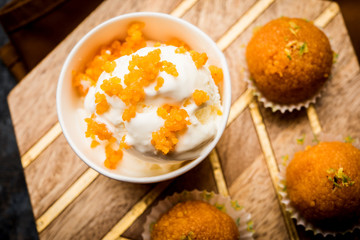 Bundi / Motichoor Ice cream is a fusion of Ice-cream with indian traditional sweet motichur laddoo from India, selective focus