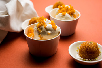 Bundi / Motichoor Ice cream is a fusion of Ice-cream with indian traditional sweet motichur laddoo from India, selective focus