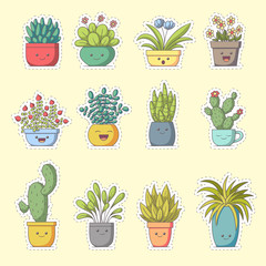 Plants sticker. Set of cute cartoon characters. Vector collection for stickers, patches, badges, pins. Hand drawn style doodle.