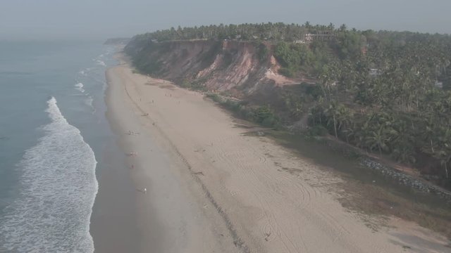 Varkala beach in Kerala, India, 4k aerial ungraded/flat