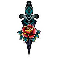 Traditional tattoo with rose flowers and dagger knife. Colorful Tattoo.Vector illustration Old school tattoo line art. Suitable for printing transfer tattoos and stickers back to school