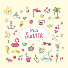 Summer sticker. Set of cute cartoon characters. Vector collection for stickers, patches, badges, pins. Hand drawn style doodle.