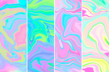 Abstract marble holographic raster backgrounds set. Paint splash texture backdrop. Dynamic liquid, mixed neon fluid. Psychedelic illustrations pack. Poster, web banner, book cover trendy decoration