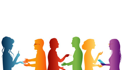 Cooperation between groups of people. Strategy solution and success. Concept teamwork. Speech among people. Young people who work well together. Association of people. Silhouette of colored profile