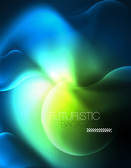 Neon glowing wave lines, blue hi-tech futuristic abstract background template