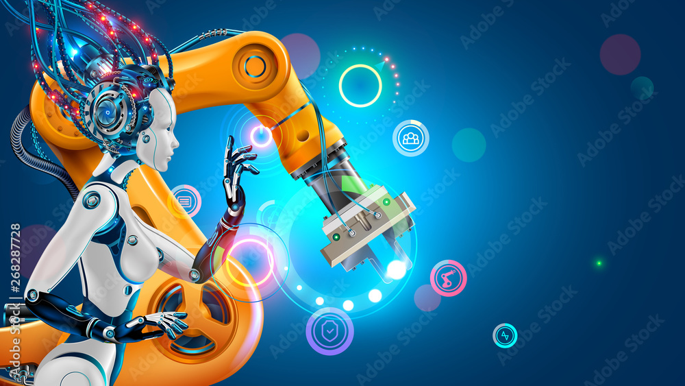 Aufkleber Artificial Intelligence works automation industry factory with smart robotic arms. Robot or cyborg woman with ai control industrial manufacturing via iot technology. Industry 4.0 revolution concept.