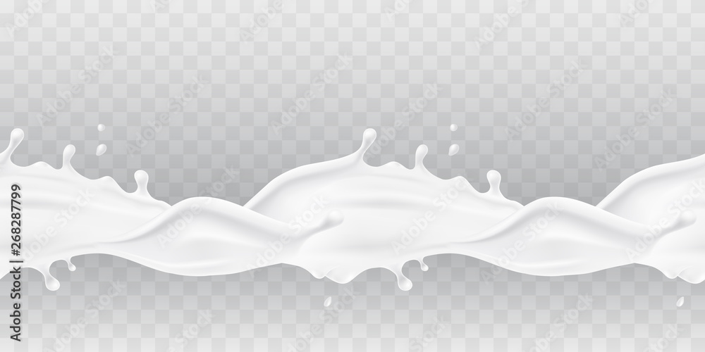 Wall mural milk splash seamless pattern isolated on transparent background. 3d realistic yogurt wave border. ve