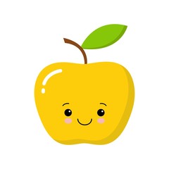 Gold cute kawaii apple icon. Flat illustration of gold apple vector icon for web design