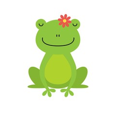 Cute green frog cartoon character isolated on white background