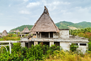 Fototapeta na wymiar Bungalow Straw Roof hut, Site Asia Eco hotel resort tourism concept