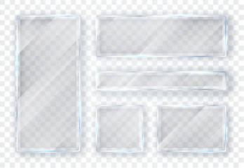 Glass plates set. Glass banners on transparent background. Flat glass. Vector illustration