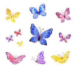 Ñute butterflies set. Hand painted watercolor illustrations isolated on a white background.