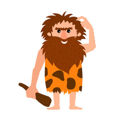 Primitive man thinking, confused, embarrassed. Caveman with club in hand has a question. Cartoon vector illustration.