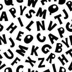 Vector cute English hand drawn alphabet, simple kids drawing style. Seamless pattern with black letters on white. Funny school background for card, children print, wrapping, scrapbook.