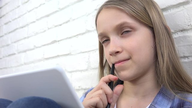 Child Studying on Tablet, Girl Writing for School Class, Learning Doing Homework