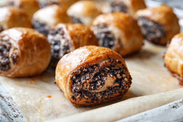 Crispy freshly baked cookies with poppy seeds on a baking tray.