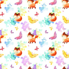 Fototapeta na wymiar Childhood seamless pattern with cute red foxes and butterflies. Hand painted watercolor illustrations isolated on a white background.
