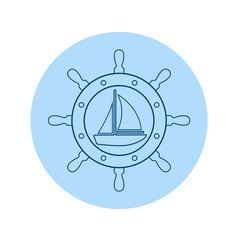 Icono plano lineal velero en timón en círculo color azul